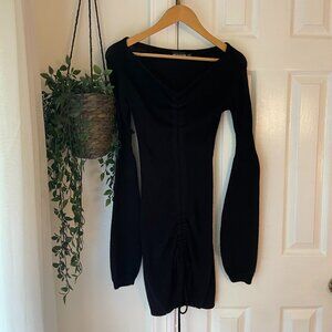 PRETTY LITTLE THING Off-shoulder knit black elastic ruched dress in size 2